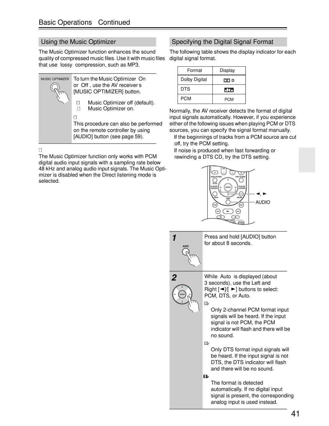 Onkyo S3200 Using the Music Optimizer, Specifying the Digital Signal Format, PCM, DTS, or Auto, Auto default 