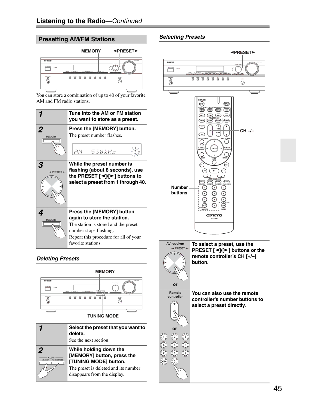 Onkyo S3200 instruction manual Presetting AM/FM Stations, Deleting Presets, Selecting Presets 