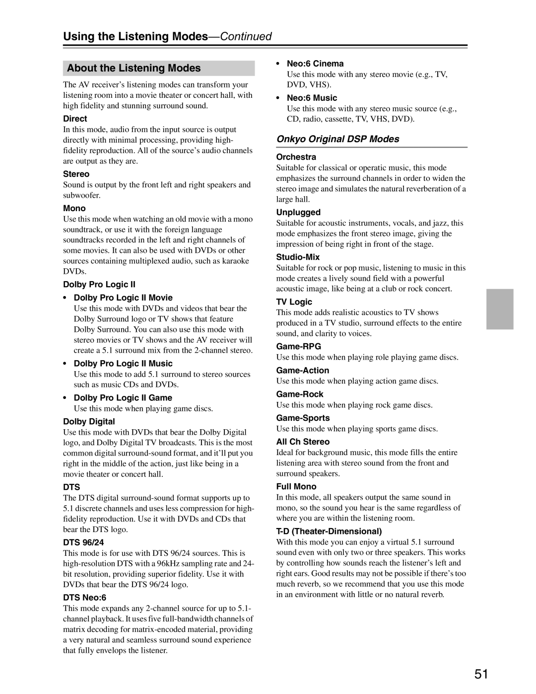 Onkyo S3200 instruction manual About the Listening Modes, Onkyo Original DSP Modes 