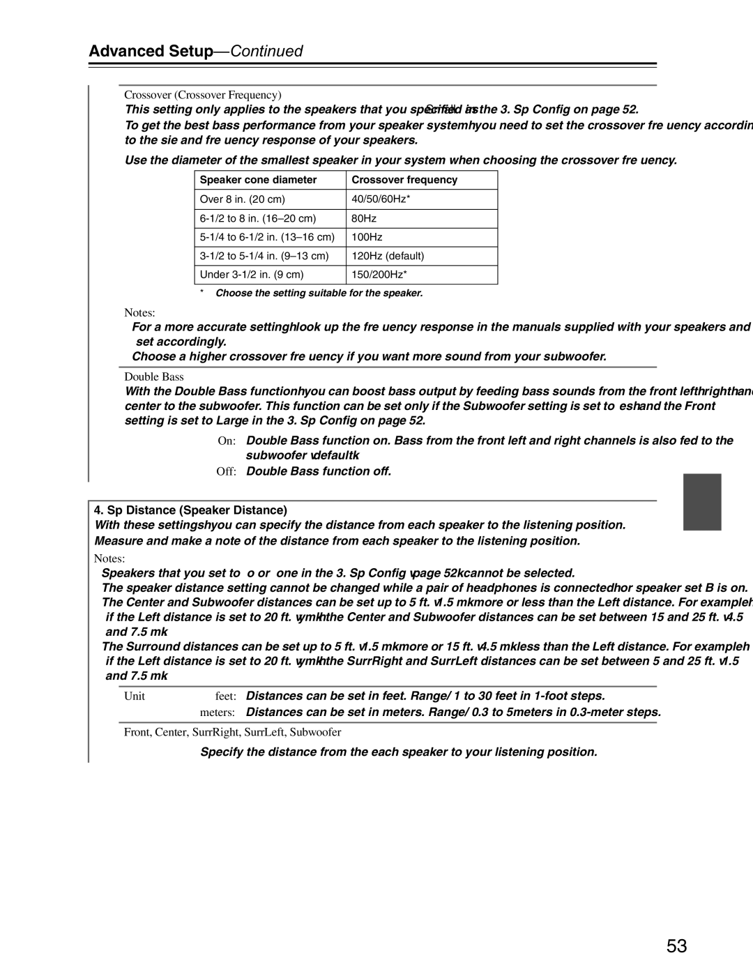 Onkyo S3200 instruction manual Advanced Setup, Crossover Crossover Frequency, Double Bass, Sp Distance Speaker Distance 
