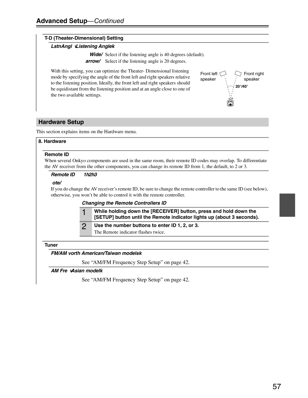 Onkyo S3200 instruction manual Hardware Setup, Theater-Dimensional Setting, Hardware Remote ID, Tuner 