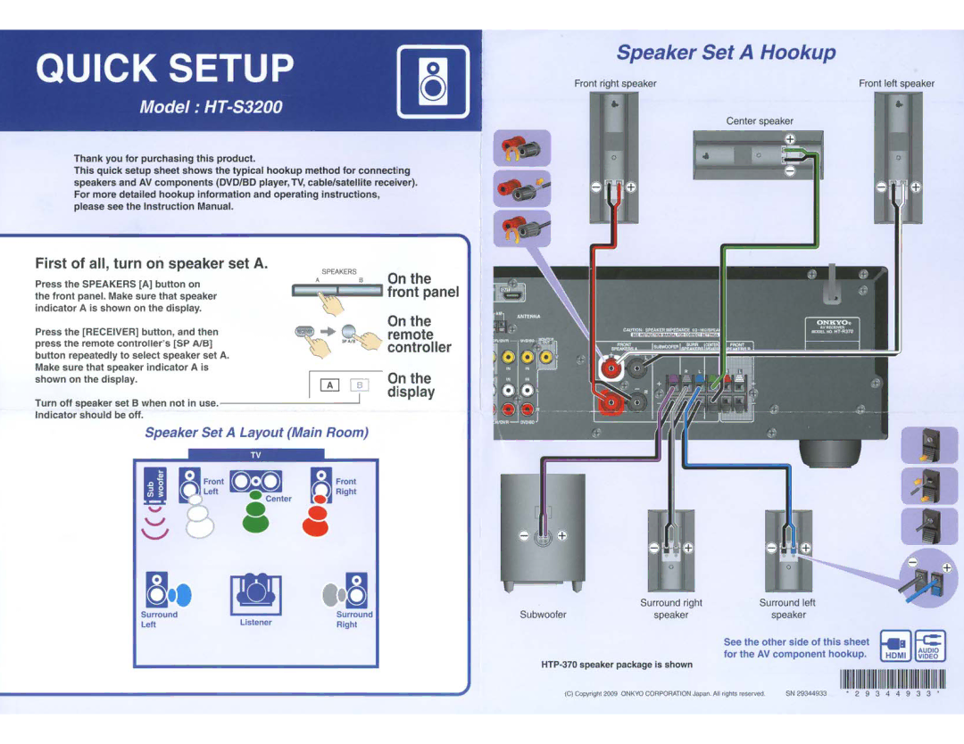 Onkyo S3200 instruction manual Speaker Set a Hookup, Remote 