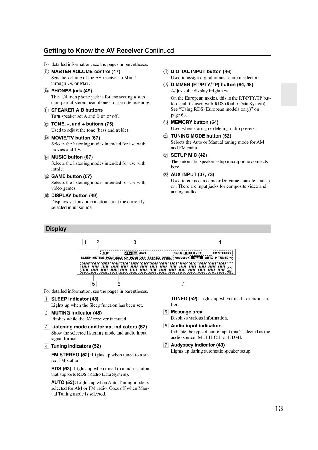 Onkyo S5100 instruction manual Getting to Know the AV Receiver, Display 