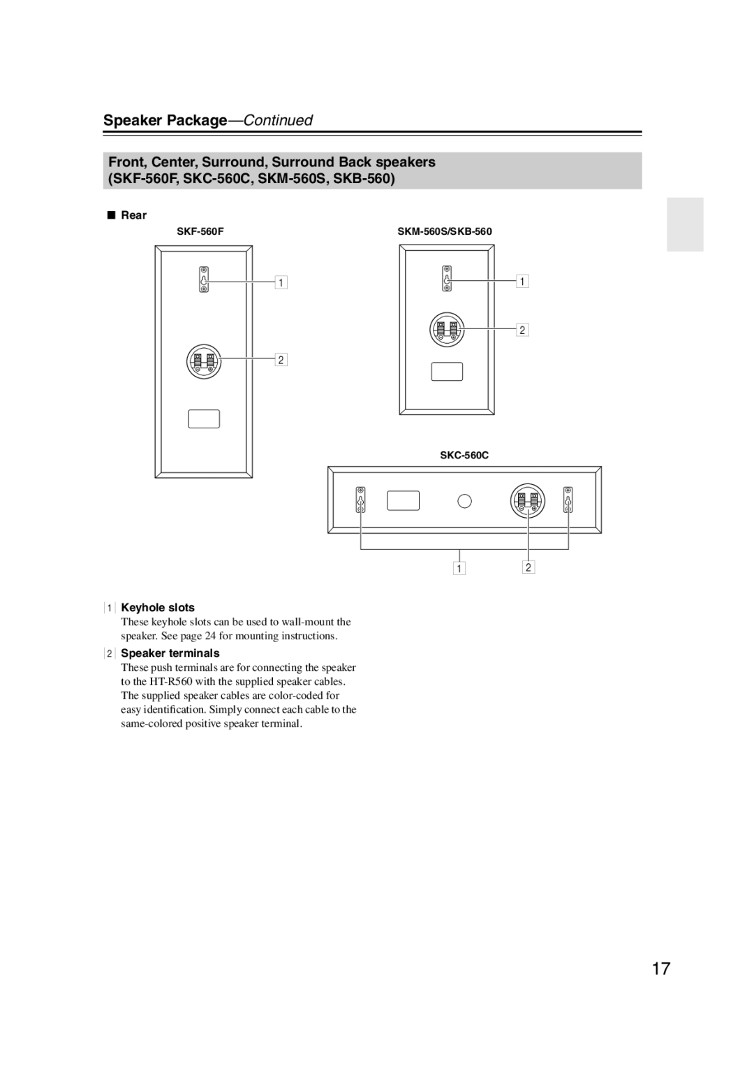 Onkyo S5100 instruction manual Speaker Package, Keyhole slots, Speaker terminals, SKF-560F SKM-560S/SKB-560 SKC-560C 