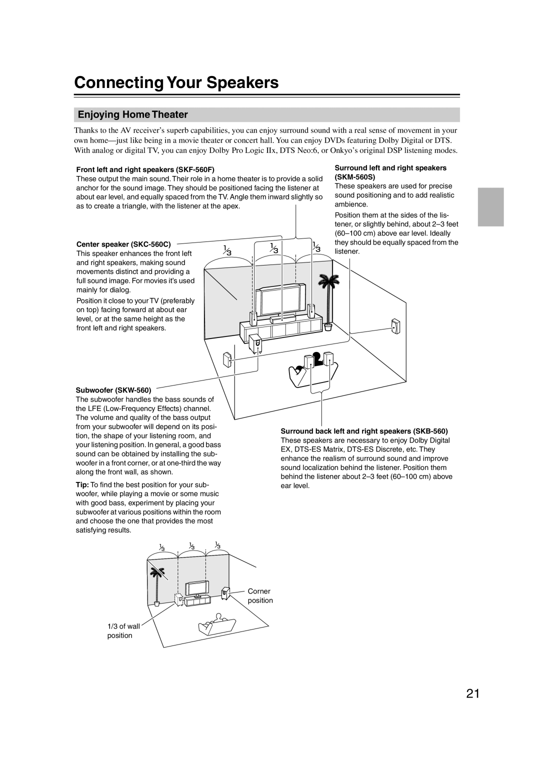 Onkyo S5100 instruction manual Connecting Your Speakers, Enjoying Home Theater 