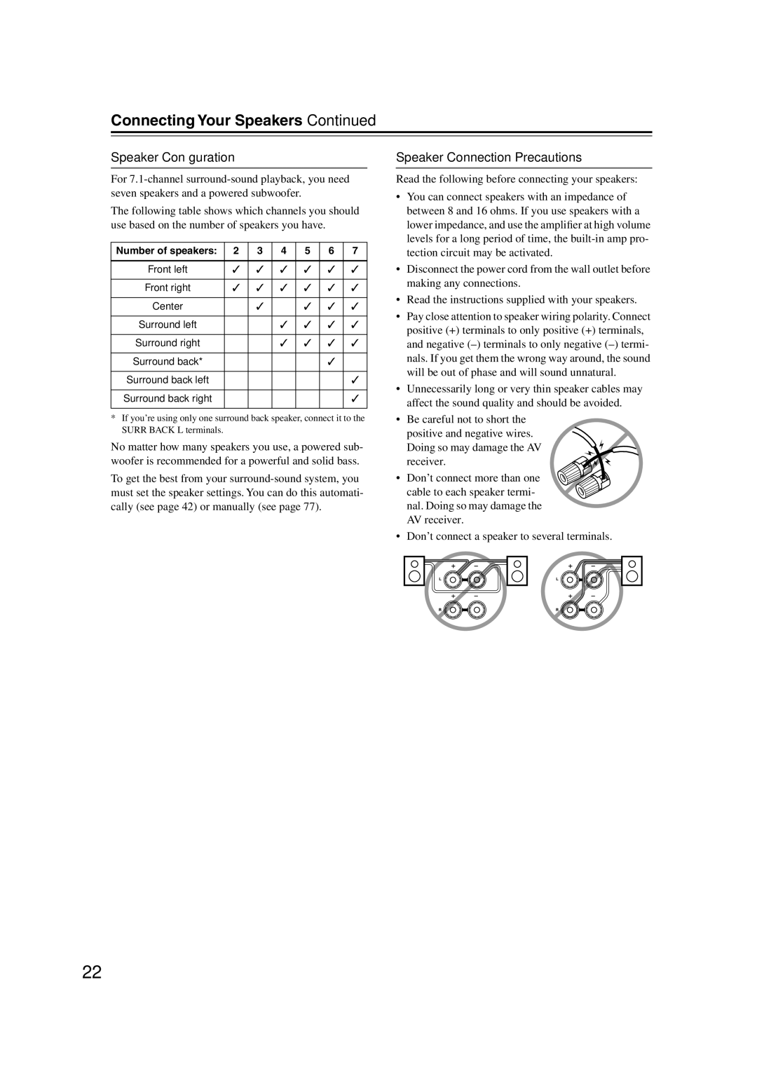 Onkyo S5100 instruction manual Connecting Your Speakers, Speaker Conﬁguration, Speaker Connection Precautions 