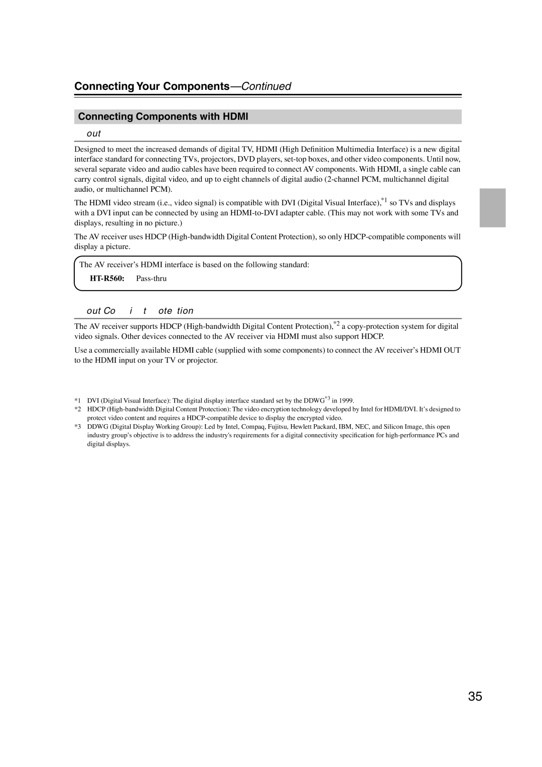 Onkyo S5100 instruction manual Connecting Components with Hdmi, About Hdmi, About Copyright Protection, HT-R560 Pass-thru 