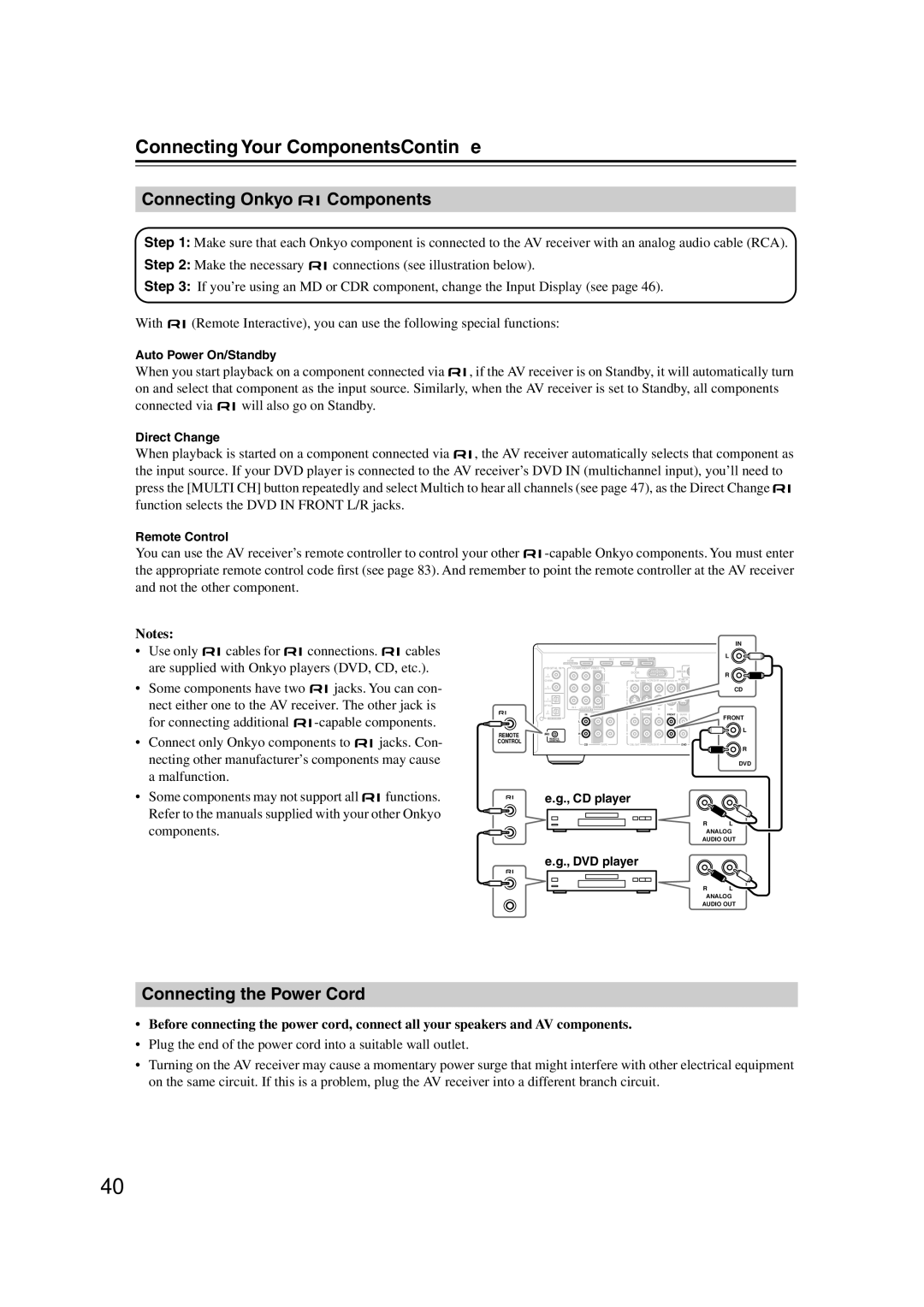 Onkyo S5100 Connecting Onkyo Components, Connecting the Power Cord, Auto Power On/Standby, Direct Change, Remote Control 