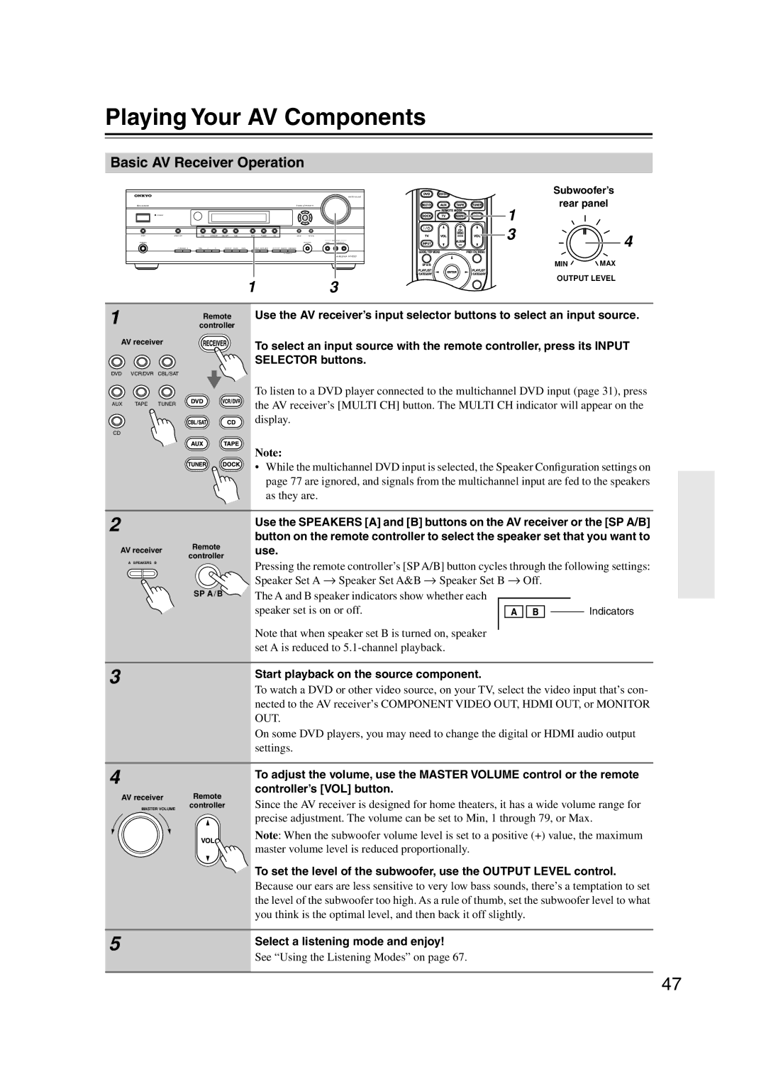 Onkyo S5100 Playing Your AV Components, Basic AV Receiver Operation, Start playback on the source component 