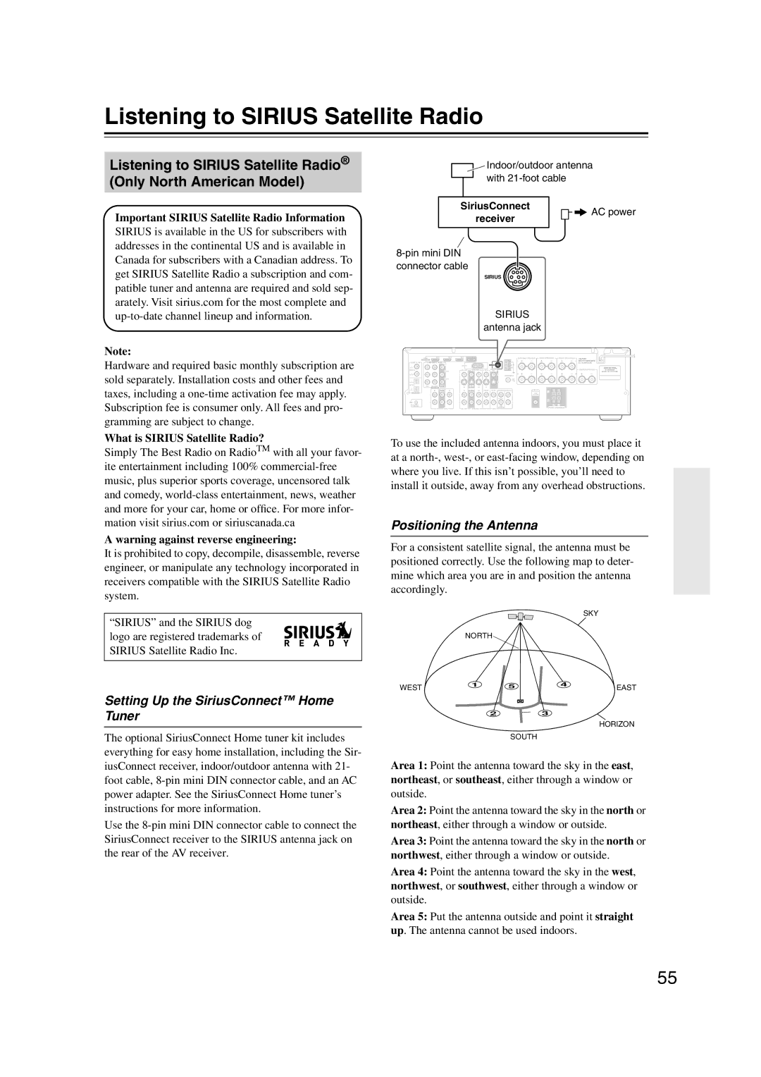 Onkyo S5100 Listening to Sirius Satellite Radio, Setting Up the SiriusConnect Home Tuner, Positioning the Antenna 