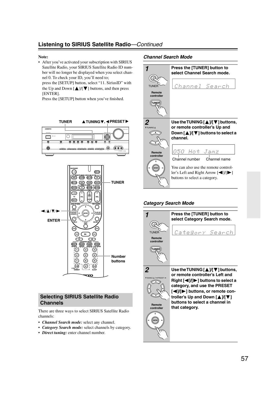 Onkyo S5100 instruction manual Selecting Sirius Satellite Radio Channels, Channel Search Mode, Category Search Mode 