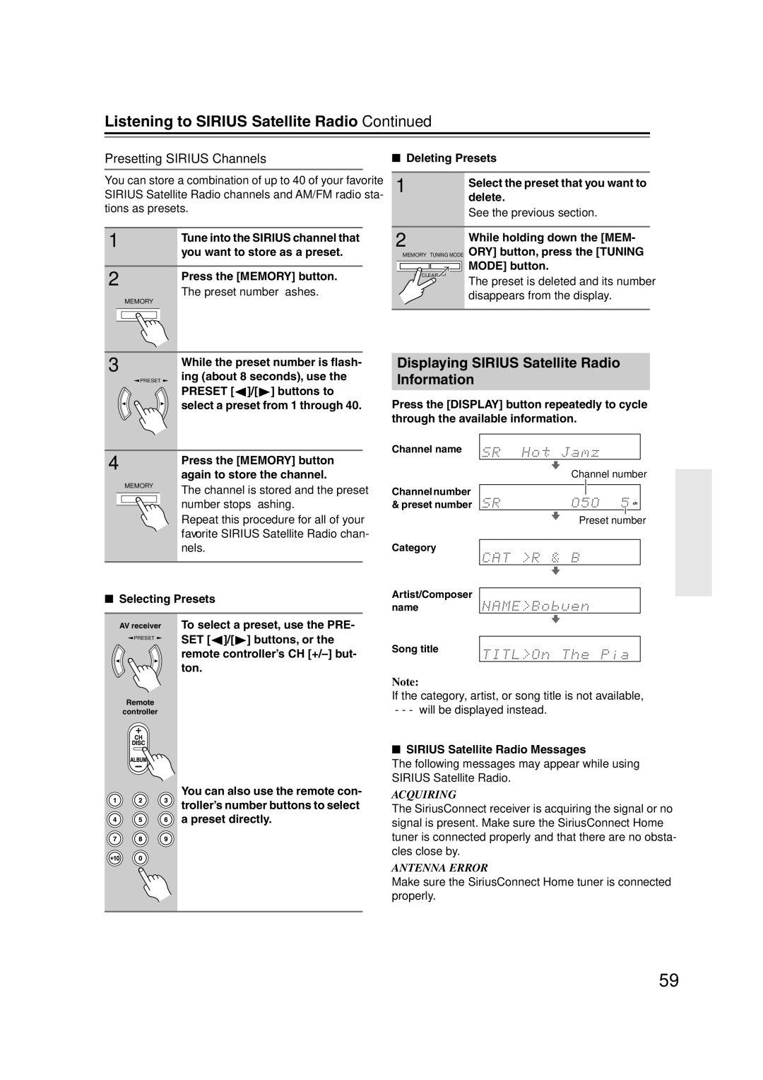 Onkyo S5100 instruction manual Displaying Sirius Satellite Radio Information, Presetting Sirius Channels 