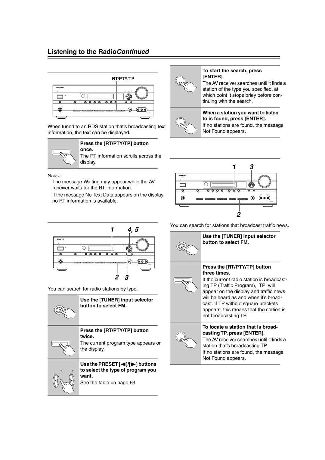 Onkyo S5100 instruction manual Displaying Radio Text RT, Listening to Trafﬁc News TP, Finding Stations by Type PTY 