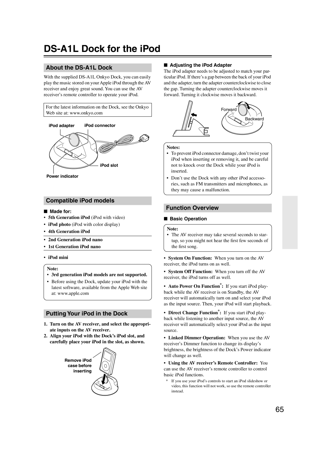 Onkyo S5100 DS-A1L Dock for the iPod, About the DS-A1L Dock, Compatible iPod models, Putting Your iPod in the Dock 