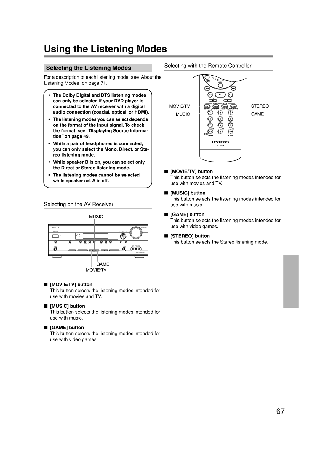 Onkyo S5100 Using the Listening Modes, Selecting the Listening Modes, Selecting on the AV Receiver, Stereo button 