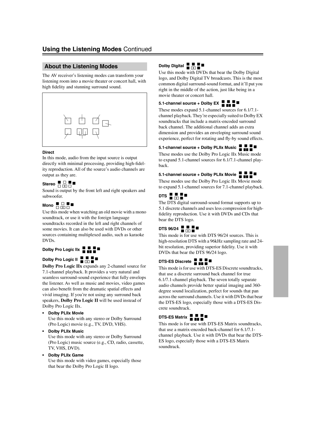 Onkyo S5100 instruction manual About the Listening Modes, Dts 