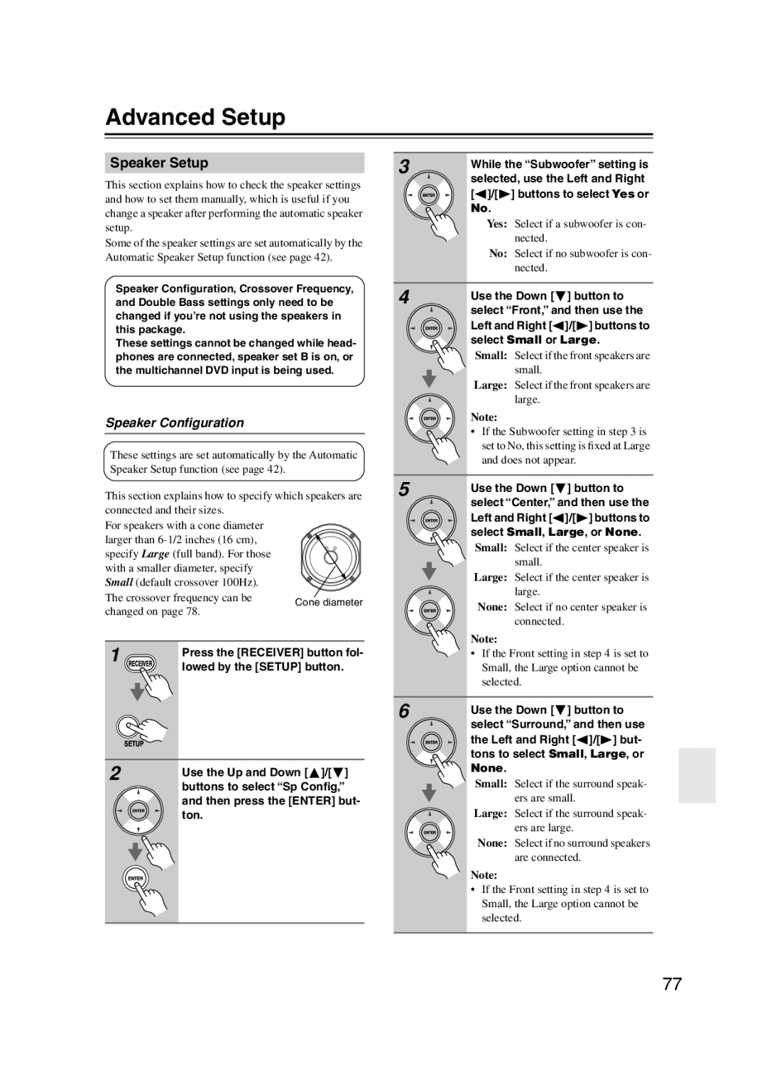 Onkyo S5100 instruction manual Advanced Setup, Speaker Setup 