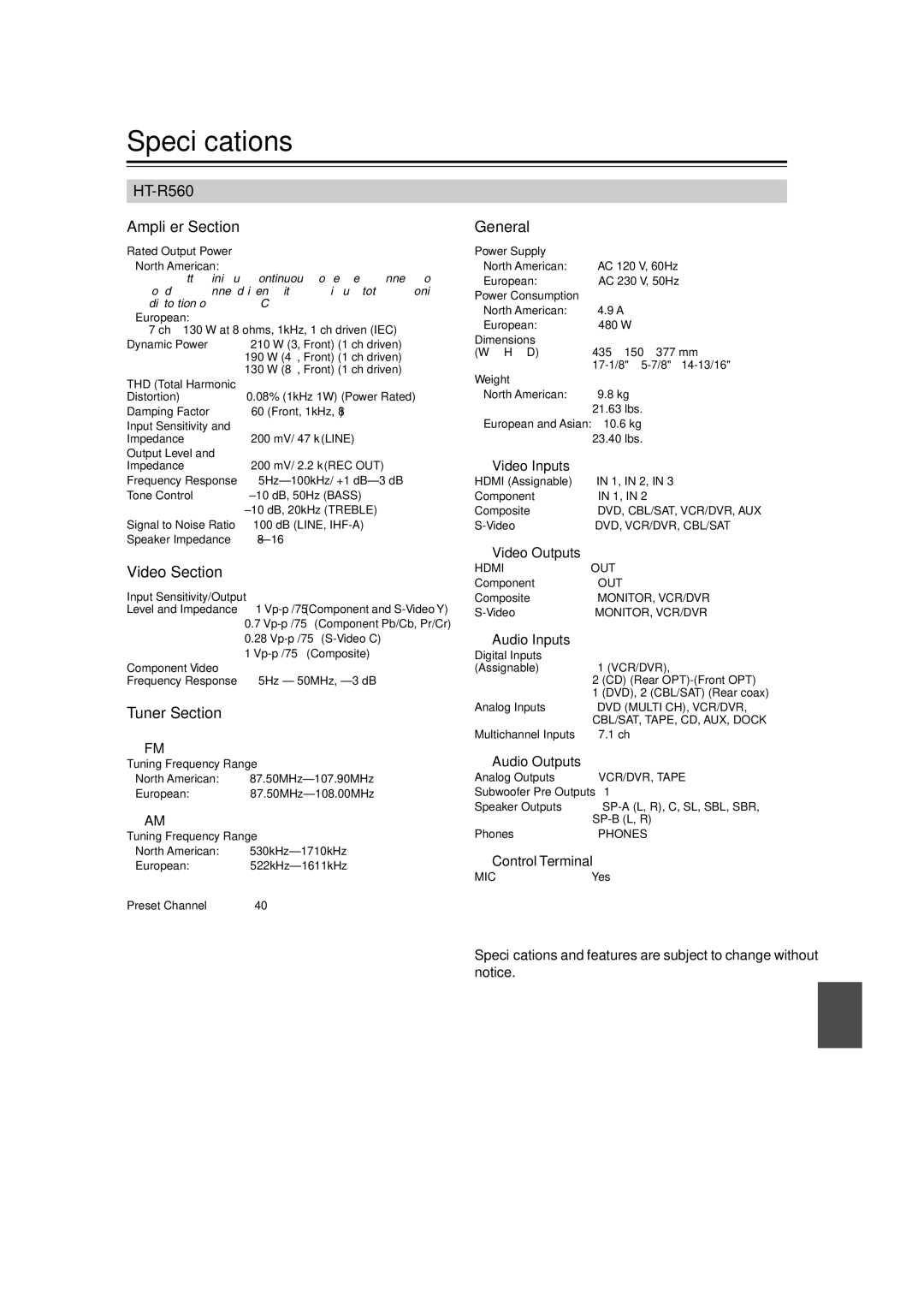 Onkyo S5100 instruction manual Speciﬁcations, Ampliﬁer Section, Video Section, Tuner Section, General 