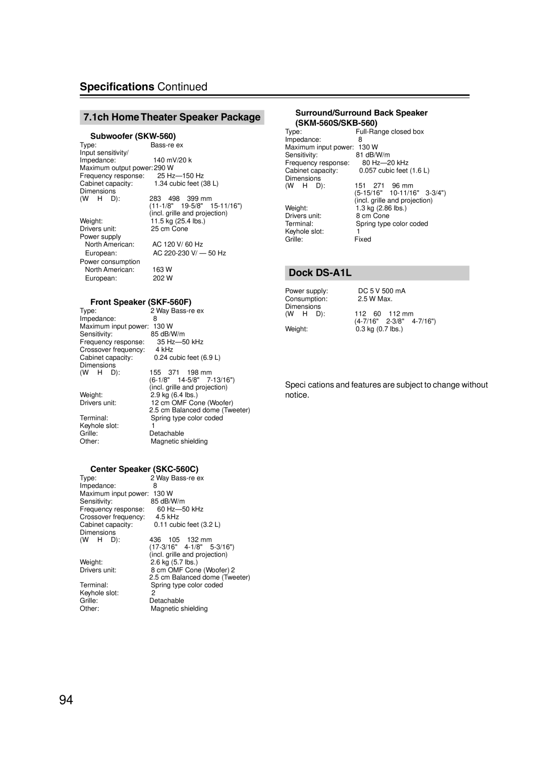 Onkyo S5100 instruction manual Speciﬁcations, 1ch Home Theater Speaker Package 