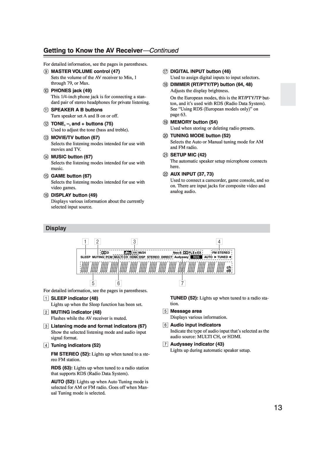 Onkyo S5100 instruction manual Getting to Know the AV Receiver—Continued, Display 