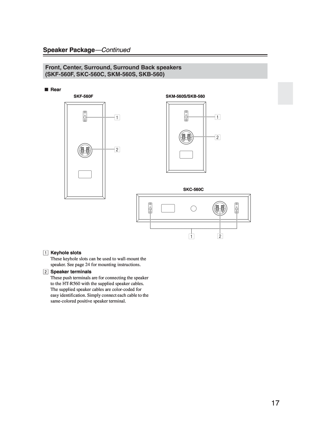 Onkyo S5100 instruction manual Speaker Package-Continued, Rear, 1Keyhole slots, 2Speaker terminals 