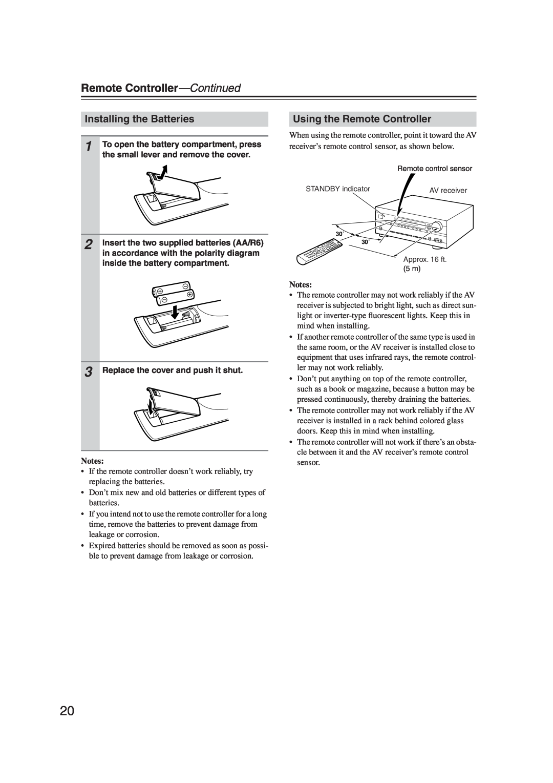 Onkyo S5100 instruction manual Installing the Batteries, Using the Remote Controller, Remote Controller—Continued, Notes 