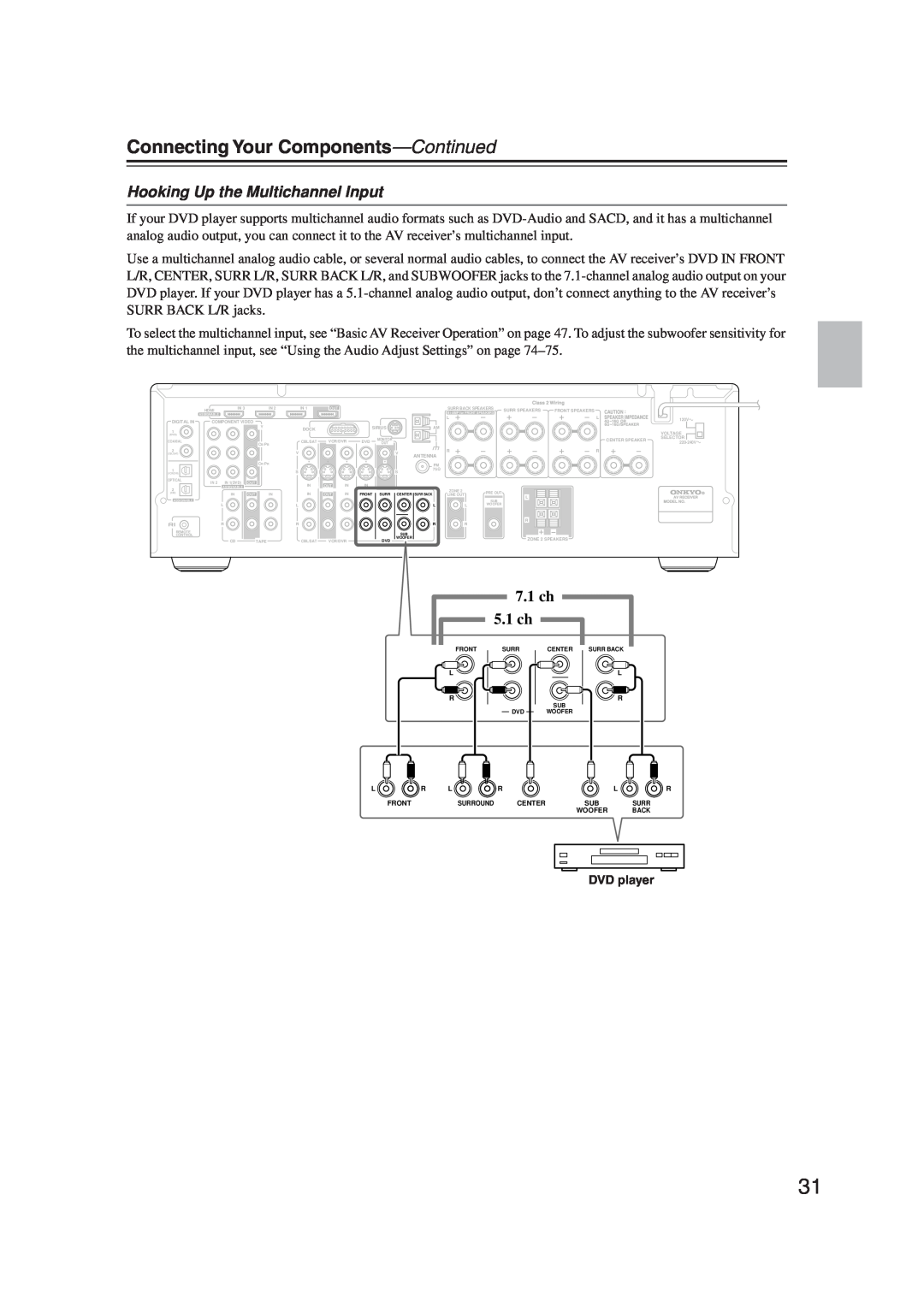 Onkyo S5100 instruction manual Hooking Up the Multichannel Input, Connecting Your Components-Continued, 7.1ch 5.1ch 