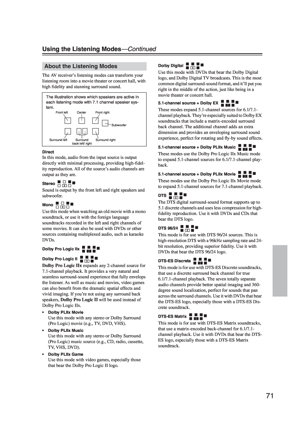 Onkyo S5100 instruction manual About the Listening Modes, Using the Listening Modes—Continued 