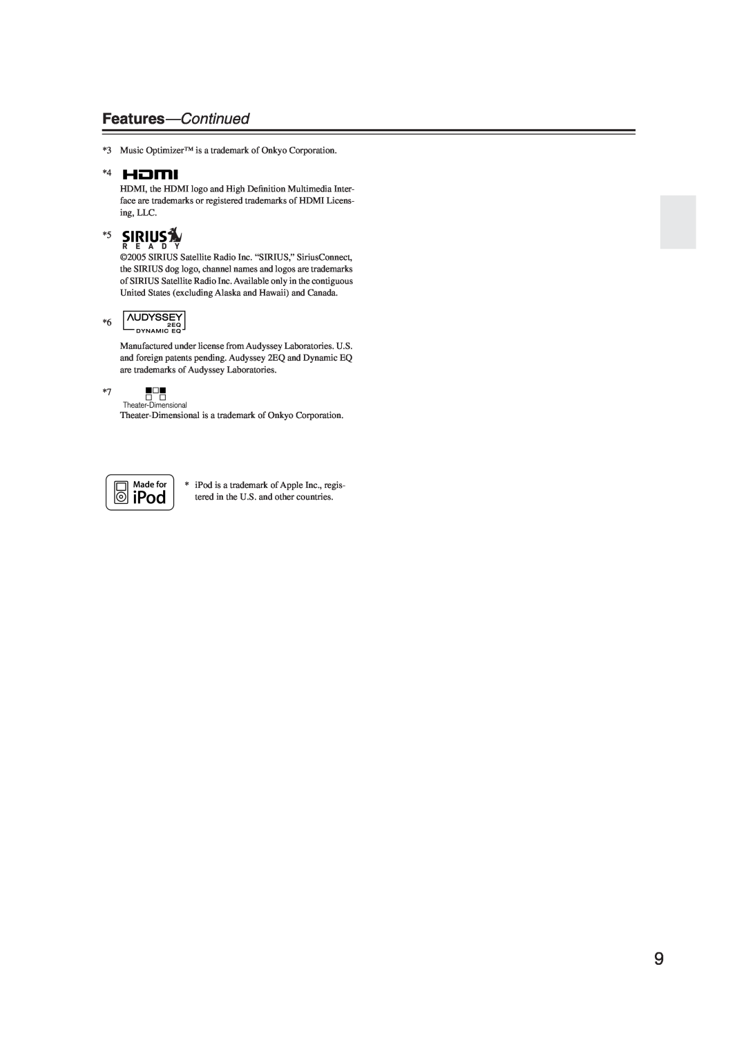 Onkyo S5100 instruction manual Features-Continued 