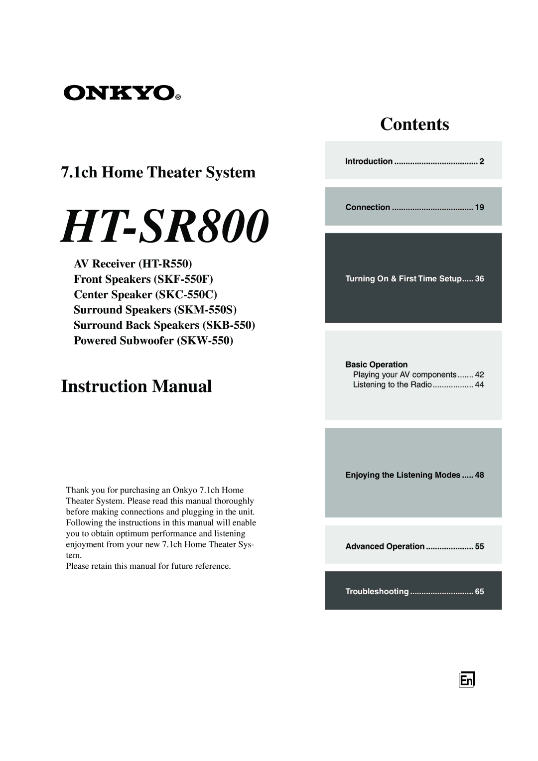 Onkyo SKM-550S, SKB-550, SKF-550F, SKW-550, SKC-550C, HT-R550 instruction manual HT-SR800 