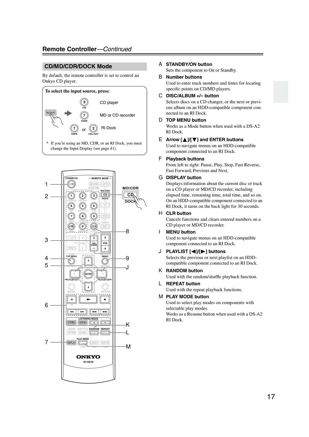 Onkyo HT-R550 CD/MD/CDR/DOCK Mode, To select the input source, press, DISC/ALBUM +/- button, Arrow / and Enter buttons 