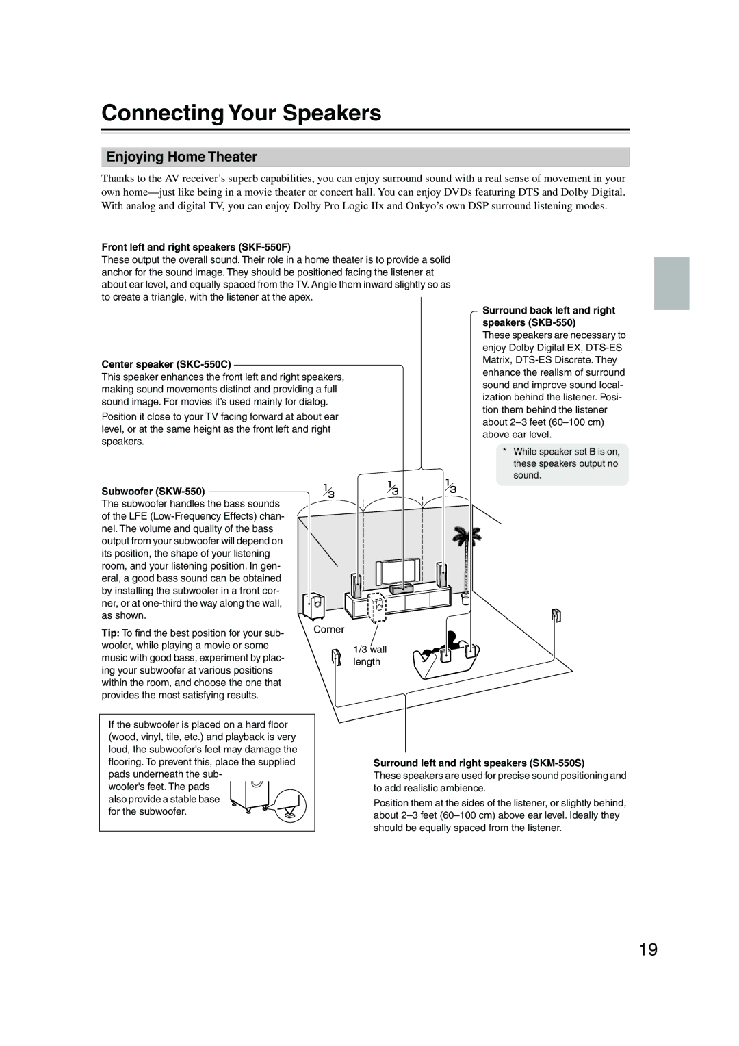 Onkyo SKM-550S, SKB-550, SKW-550 Connecting Your Speakers, Enjoying Home Theater, Front left and right speakers SKF-550F 