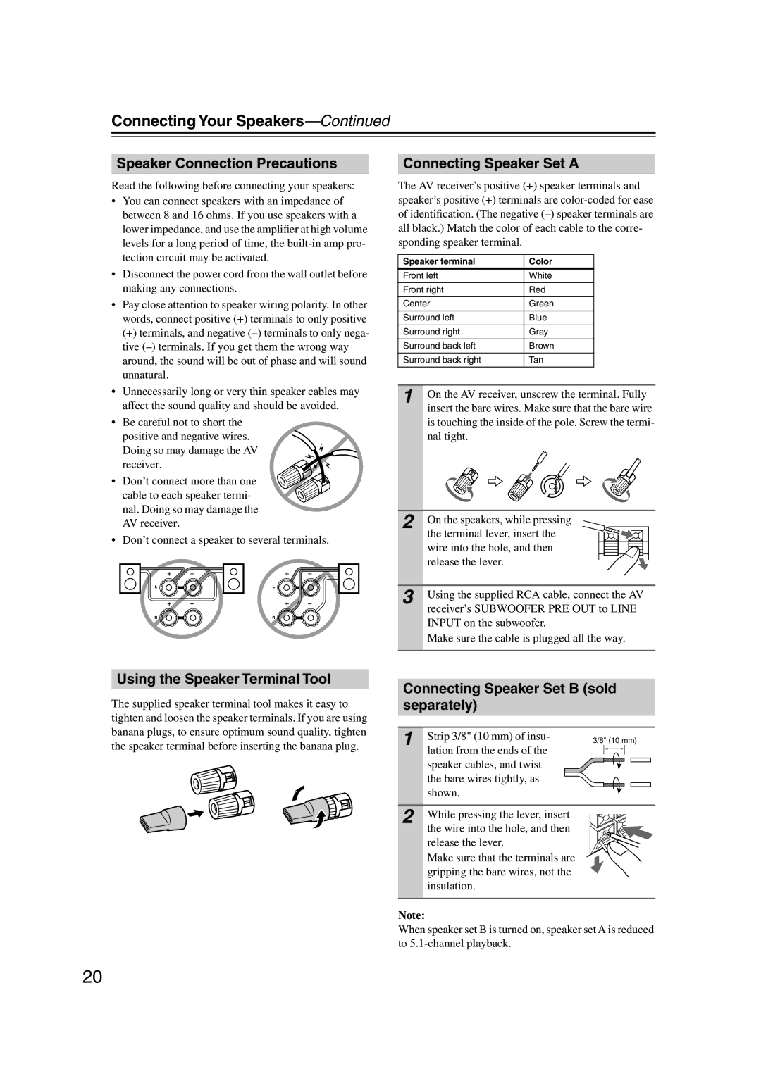 Onkyo SKF-550F, SKB-550, SKM-550S Connecting Your Speakers, Speaker Connection Precautions, Connecting Speaker Set a 