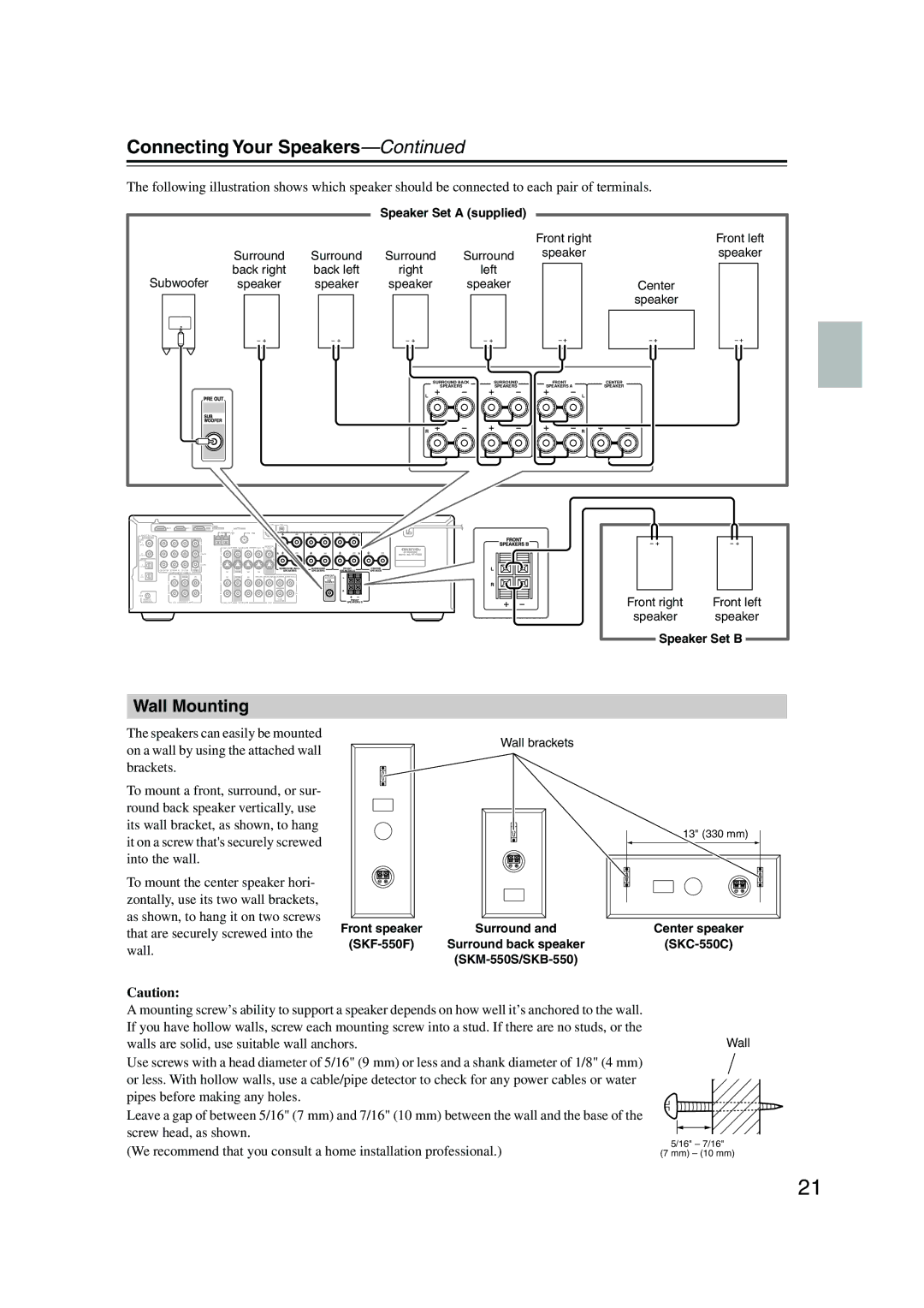 Onkyo SKW-550, SKB-550, SKM-550S, SKC-550C, HT-R550 instruction manual Wall Mounting, SKF-550F 