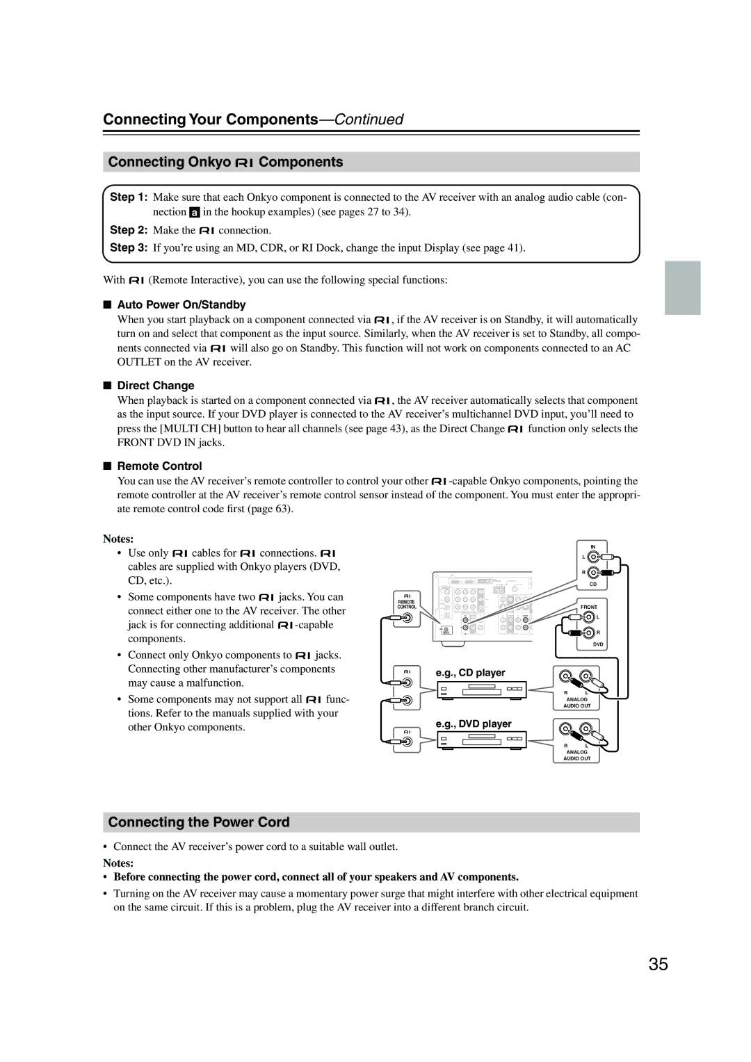 Onkyo HT-R550 Connecting Onkyo Components, Connecting the Power Cord, Auto Power On/Standby, Direct Change, Remote Control 