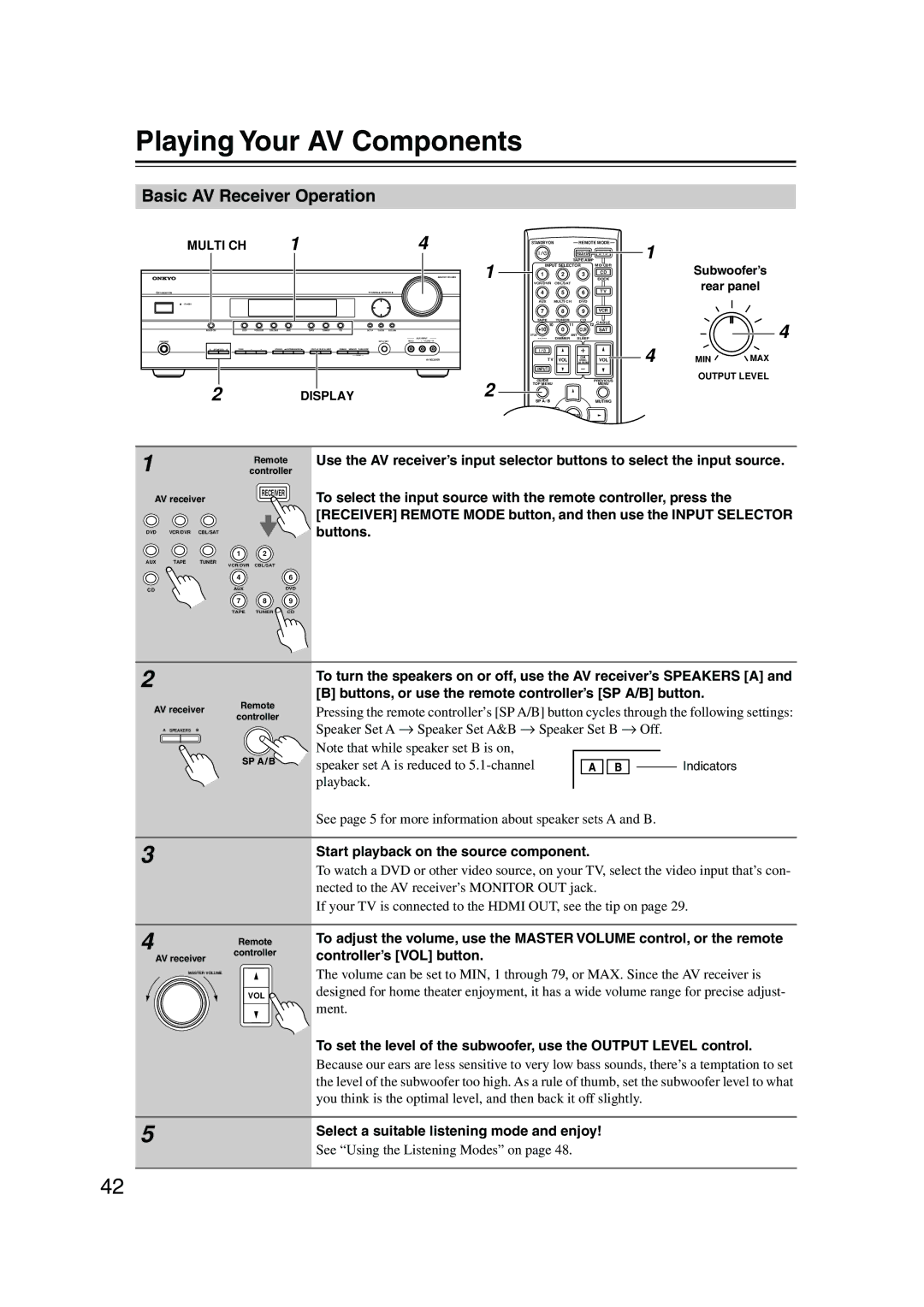 Onkyo SKB-550, SKM-550S Playing Your AV Components, Basic AV Receiver Operation, Start playback on the source component 