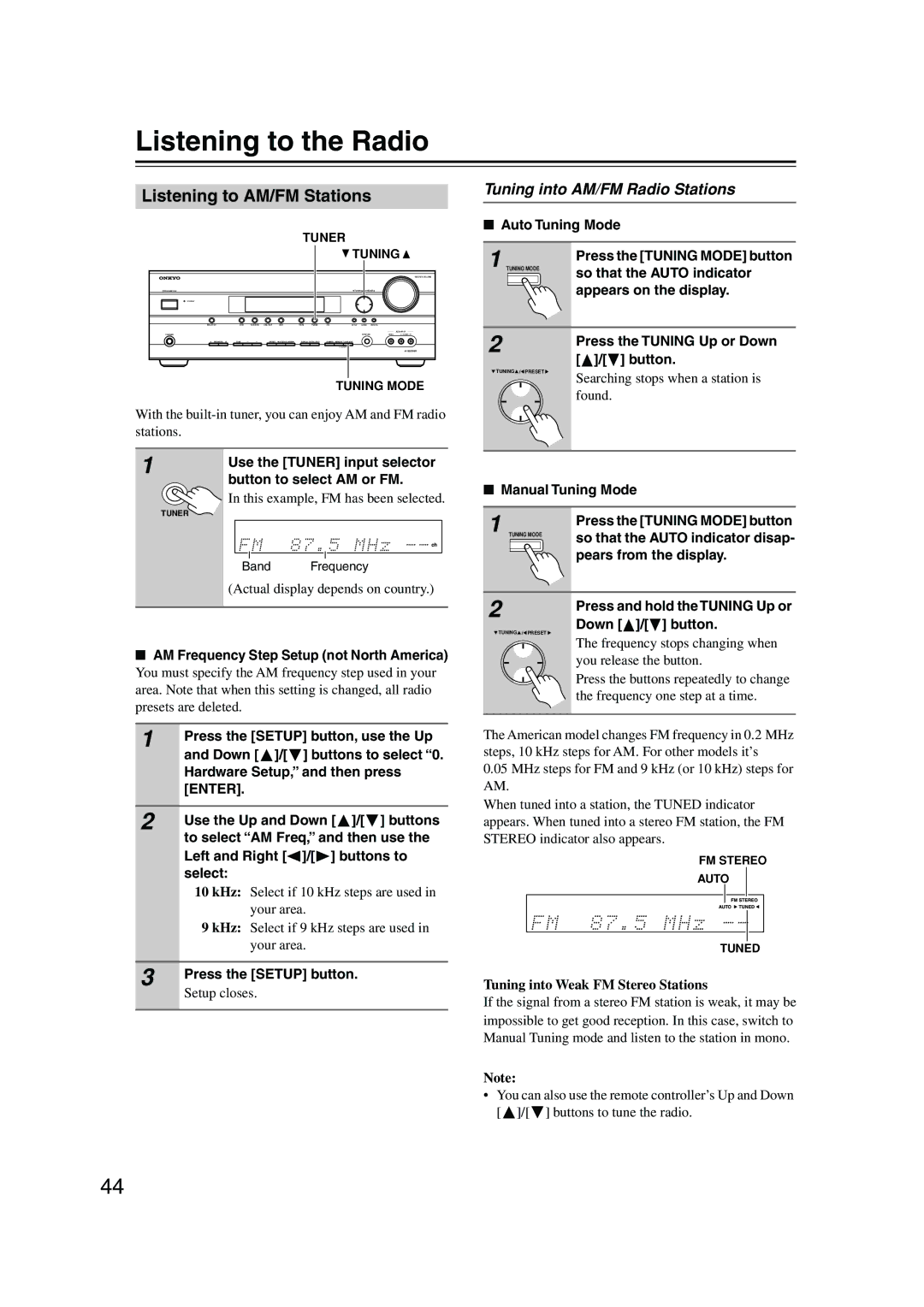 Onkyo SKF-550F, SKB-550, SKM-550S Listening to the Radio, Listening to AM/FM Stations, Tuning into AM/FM Radio Stations 