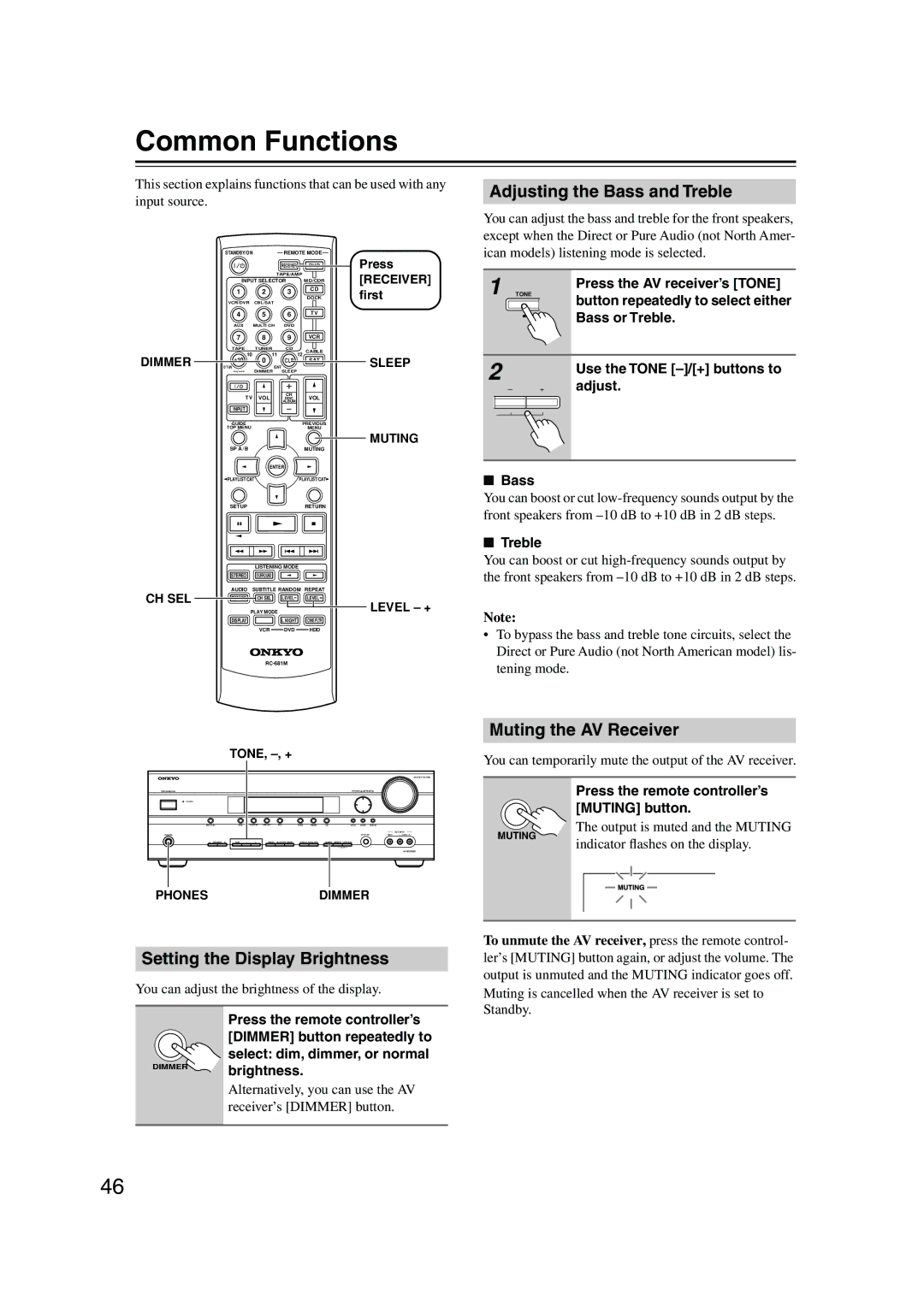 Onkyo SKC-550C Common Functions, Adjusting the Bass and Treble, Muting the AV Receiver, Setting the Display Brightness 