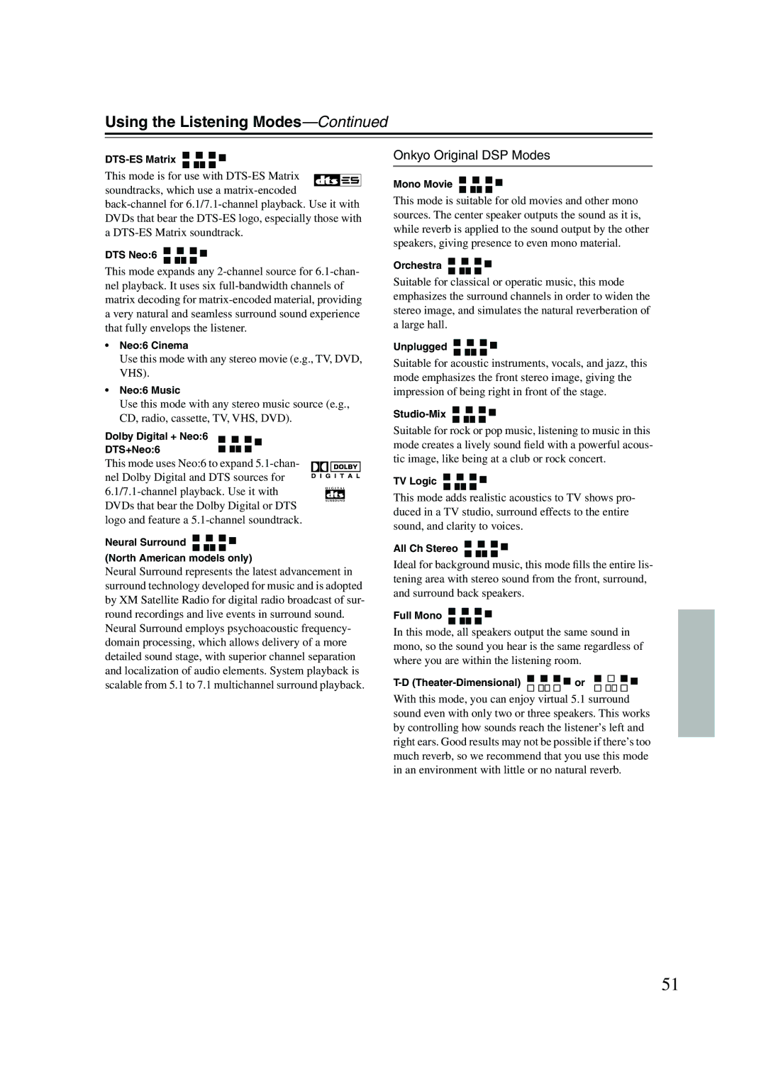 Onkyo SKW-550, SKB-550, SKM-550S, SKF-550F, SKC-550C, HT-R550 instruction manual Onkyo Original DSP Modes 