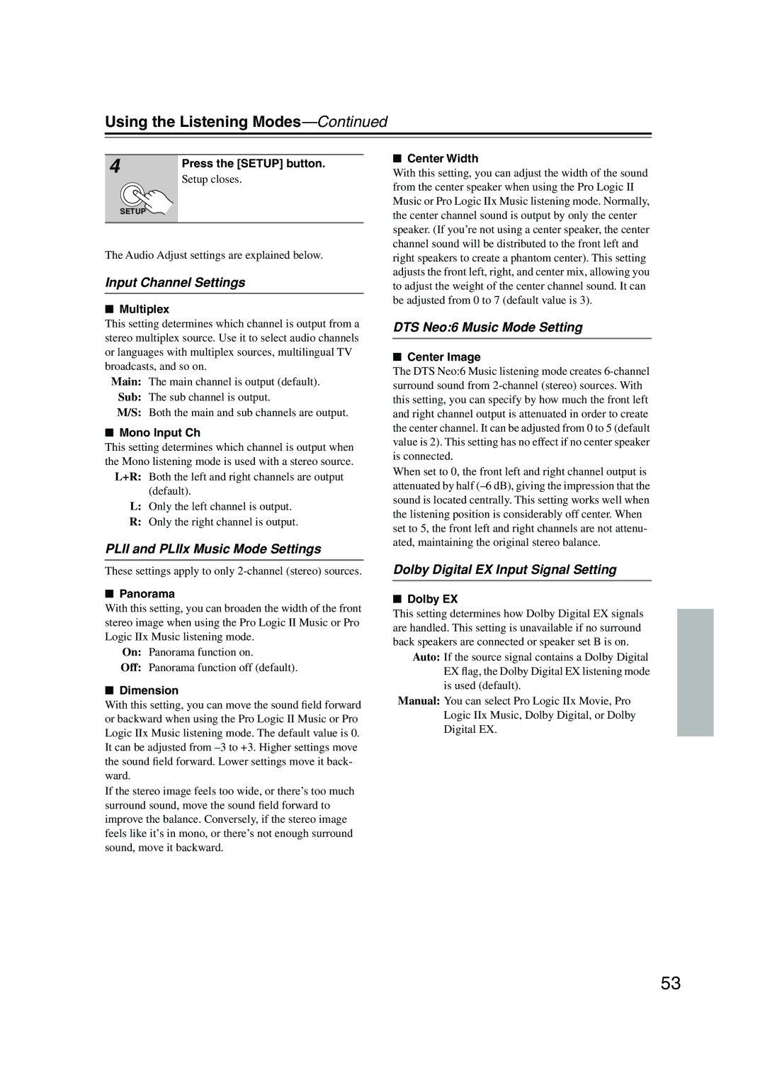 Onkyo HT-R550, SKB-550, SKM-550S Input Channel Settings, Plii and PLIIx Music Mode Settings, DTS Neo6 Music Mode Setting 