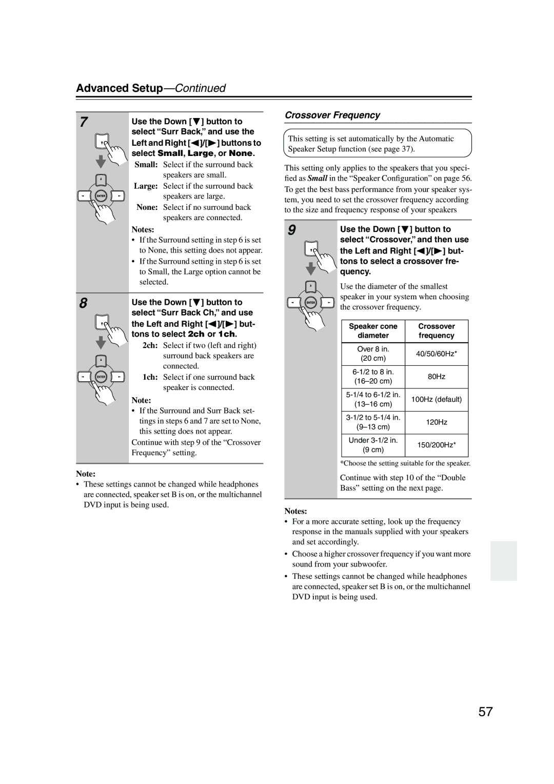 Onkyo SKW-550, SKB-550, SKM-550S, SKF-550F, SKC-550C, HT-R550 instruction manual Advanced Setup, Crossover Frequency 