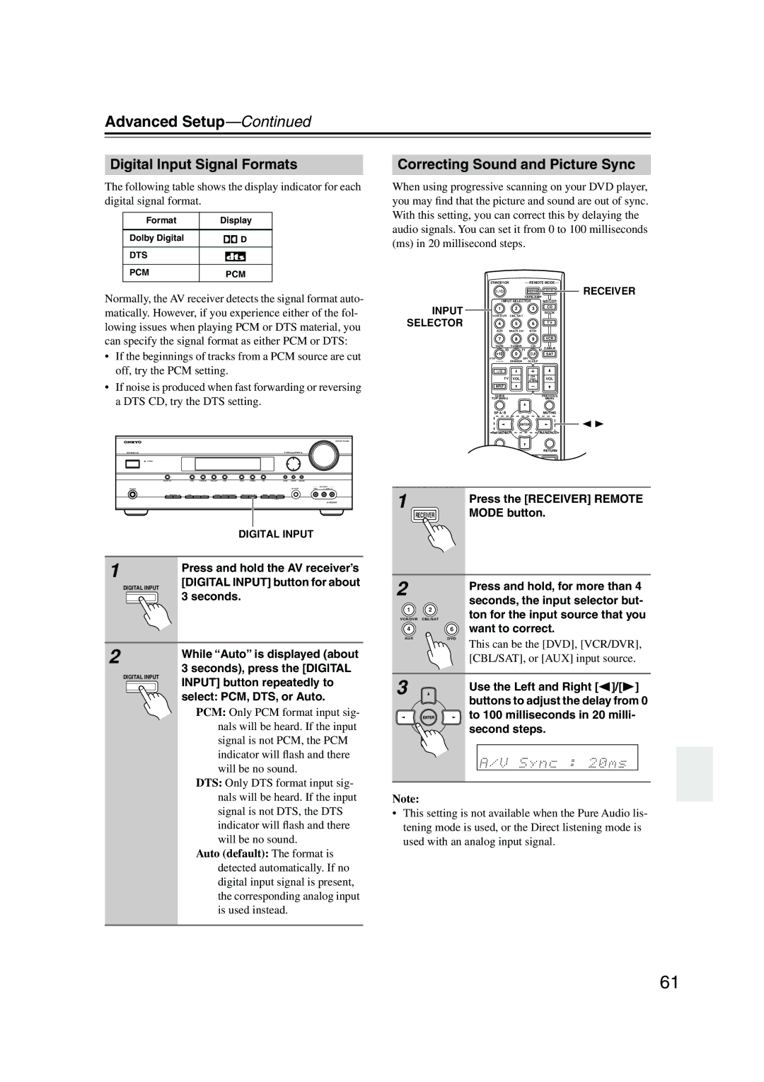 Onkyo SKM-550S, SKB-550, SKF-550F, SKW-550, SKC-550C, HT-R550 Digital Input Signal Formats, Correcting Sound and Picture Sync 