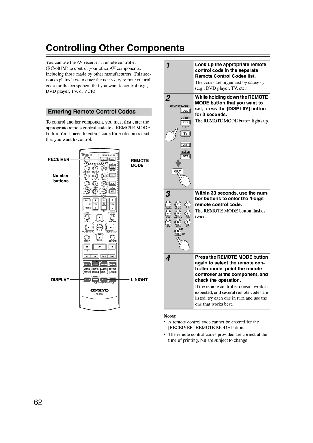 Onkyo SKF-550F, SKB-550, SKM-550S, SKW-550, SKC-550C, HT-R550 Controlling Other Components, Entering Remote Control Codes 