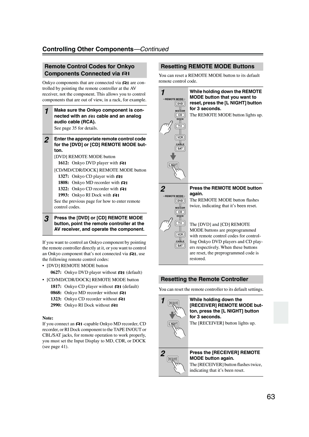 Onkyo SKW-550, SKB-550, SKM-550S Controlling Other Components, Remote Control Codes for Onkyo Components Connected via 