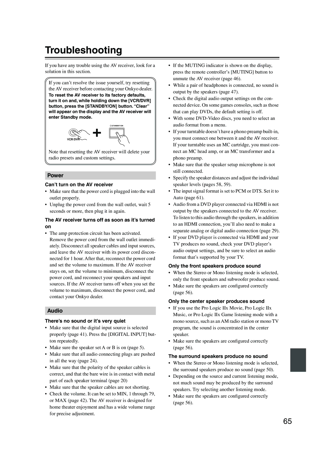 Onkyo HT-R550, SKB-550, SKM-550S, SKF-550F, SKW-550, SKC-550C instruction manual Troubleshooting 