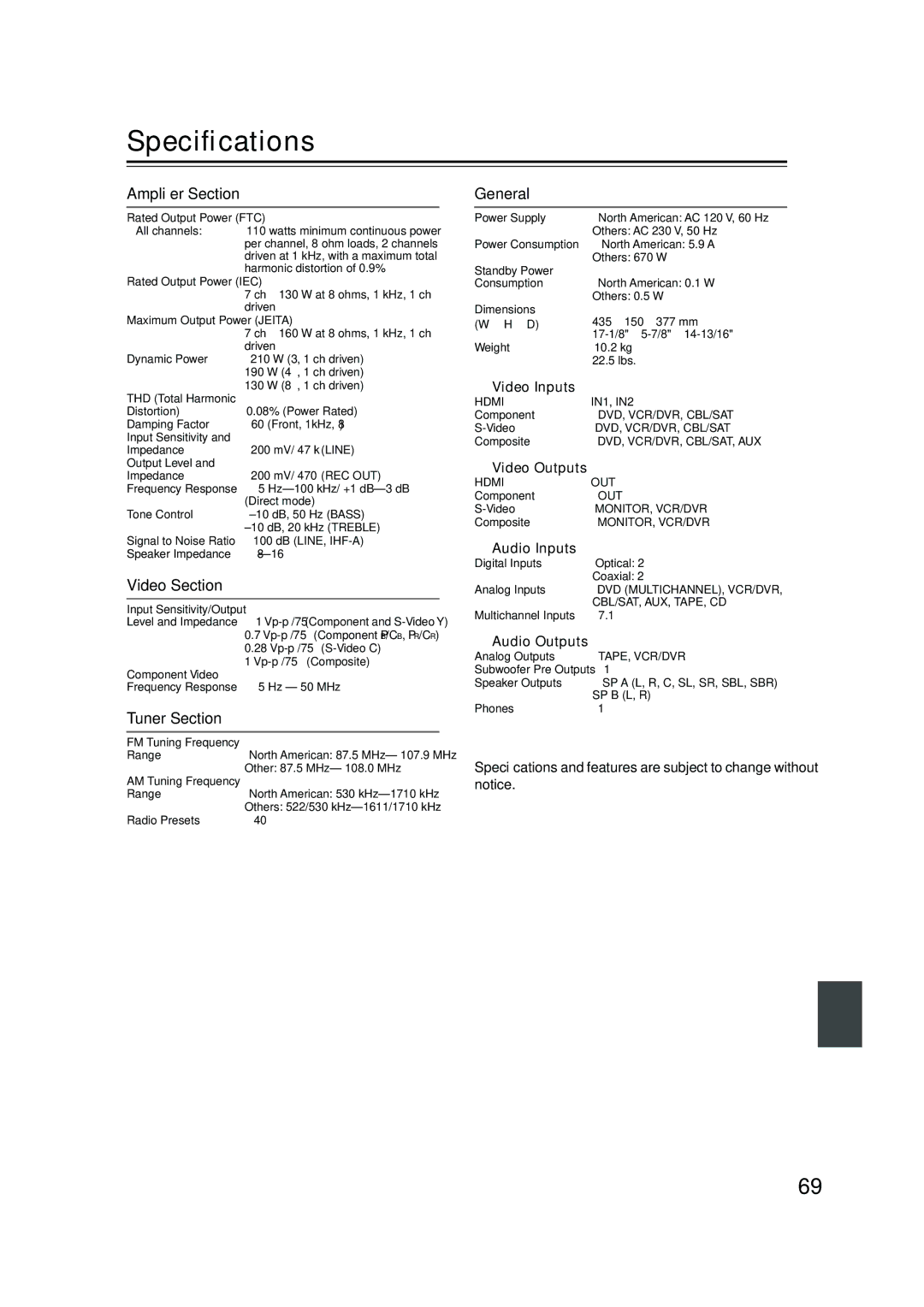 Onkyo SKW-550, SKB-550, SKM-550S, SKF-550F, SKC-550C Speciﬁcations, Ampliﬁer Section, Video Section, Tuner Section, General 