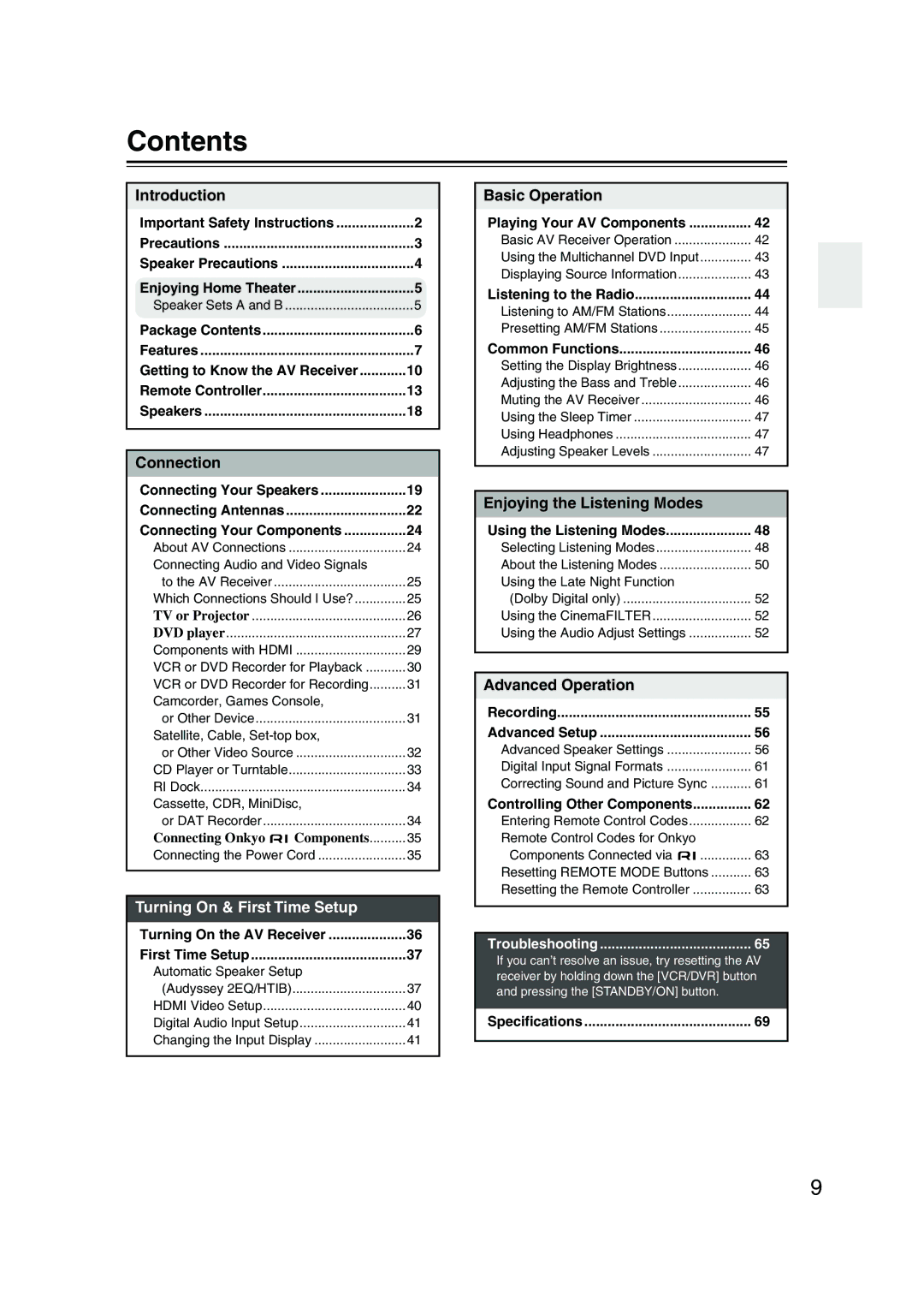 Onkyo SKW-550, SKB-550, SKM-550S, SKF-550F, SKC-550C, HT-R550 instruction manual Contents 