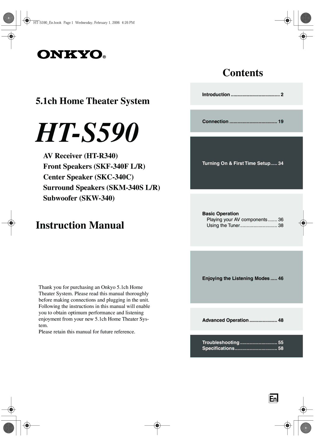 Onkyo SKF-340F, SKC-340C, SKM-340S, SKW-340 instruction manual HT-S590 