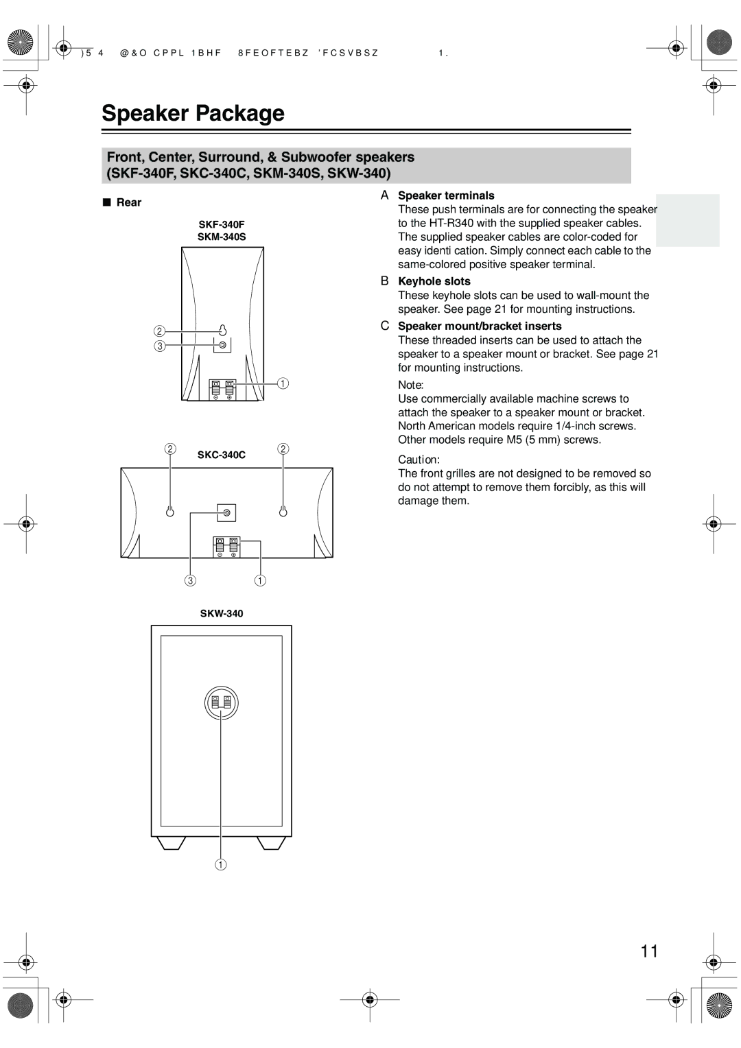 Onkyo SKW-340, SKC-340C, SKF-340F Speaker Package, Rear, Speaker terminals, Keyhole slots, Speaker mount/bracket inserts 