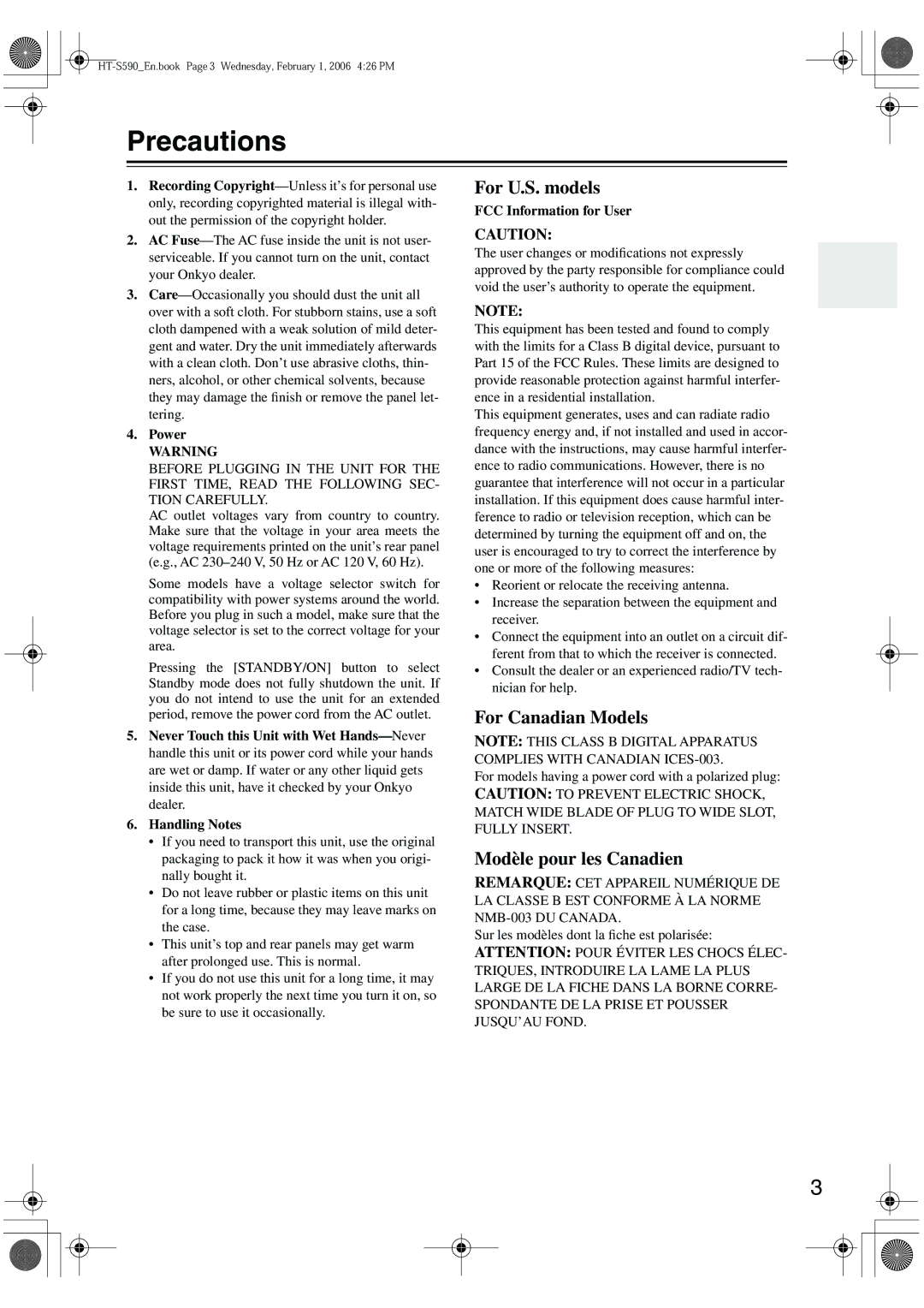 Onkyo SKW-340, SKC-340C, SKF-340F, SKM-340S instruction manual Precautions, Power 